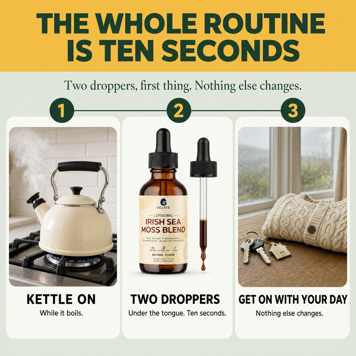 The whole routine is ten seconds: kettle on, two droppers under the tongue, get on with your day