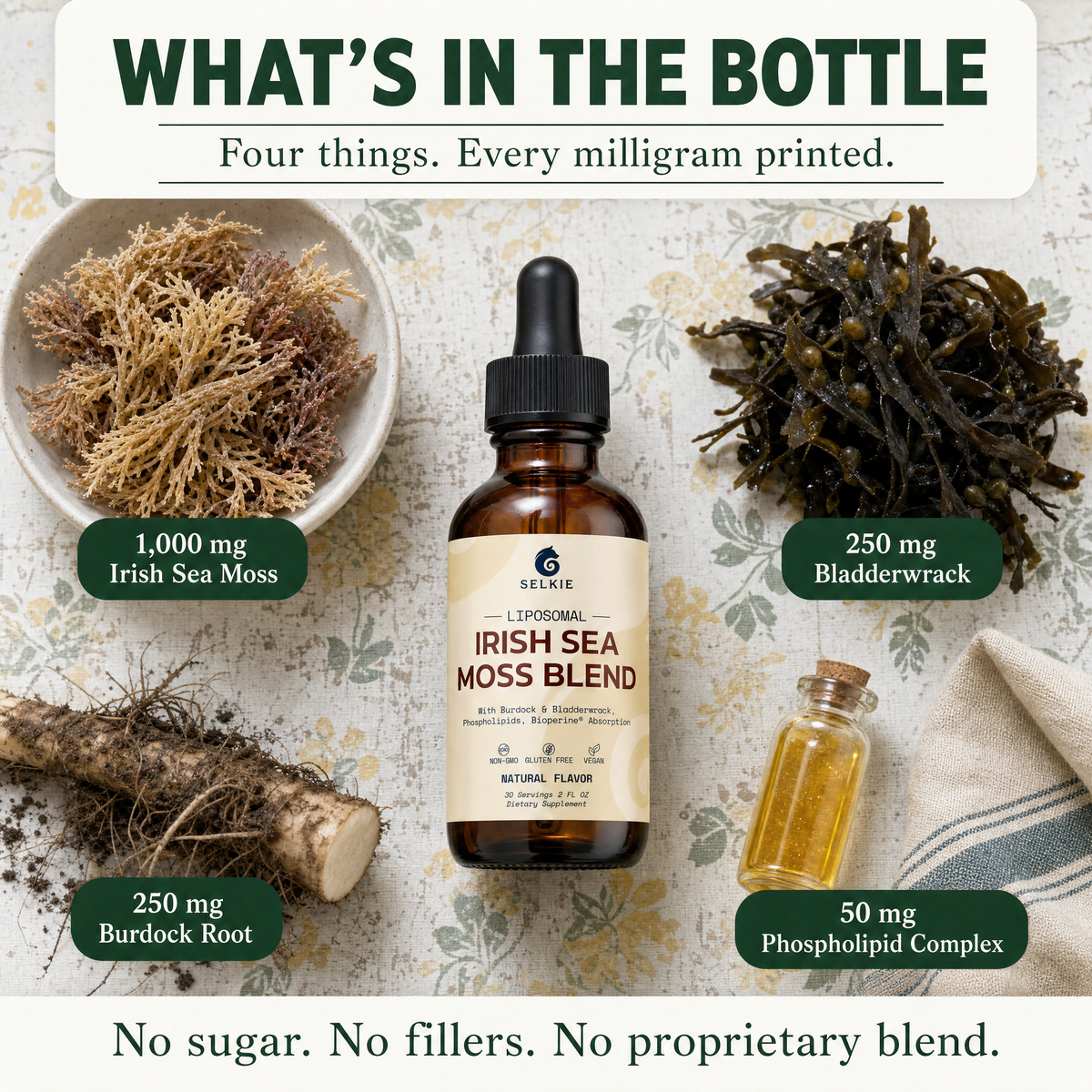 What's in the bottle: 1,000 mg Irish sea moss, 250 mg bladderwrack, 250 mg burdock root, 50 mg phospholipid complex