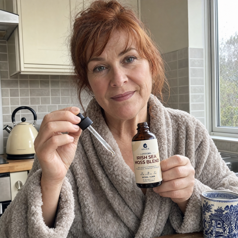 Woman holding Selkie Irish sea moss dropper in a real kitchen