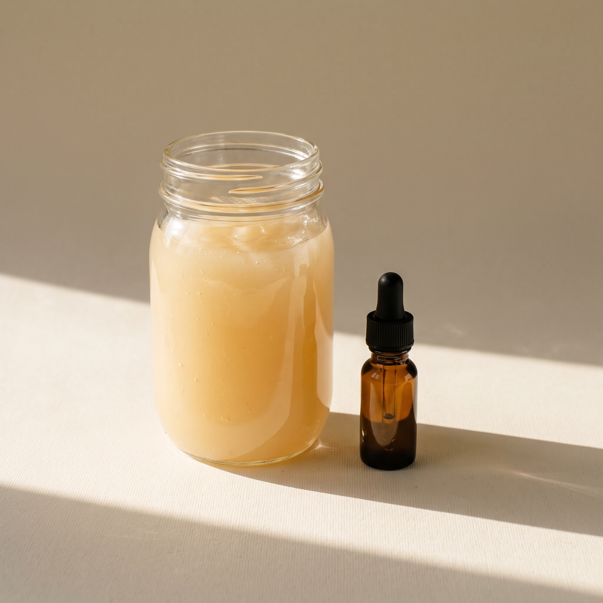 A 16oz jar of prepared sea moss gel beside a 2oz Selkie dropper bottle, showing the difference concentration makes