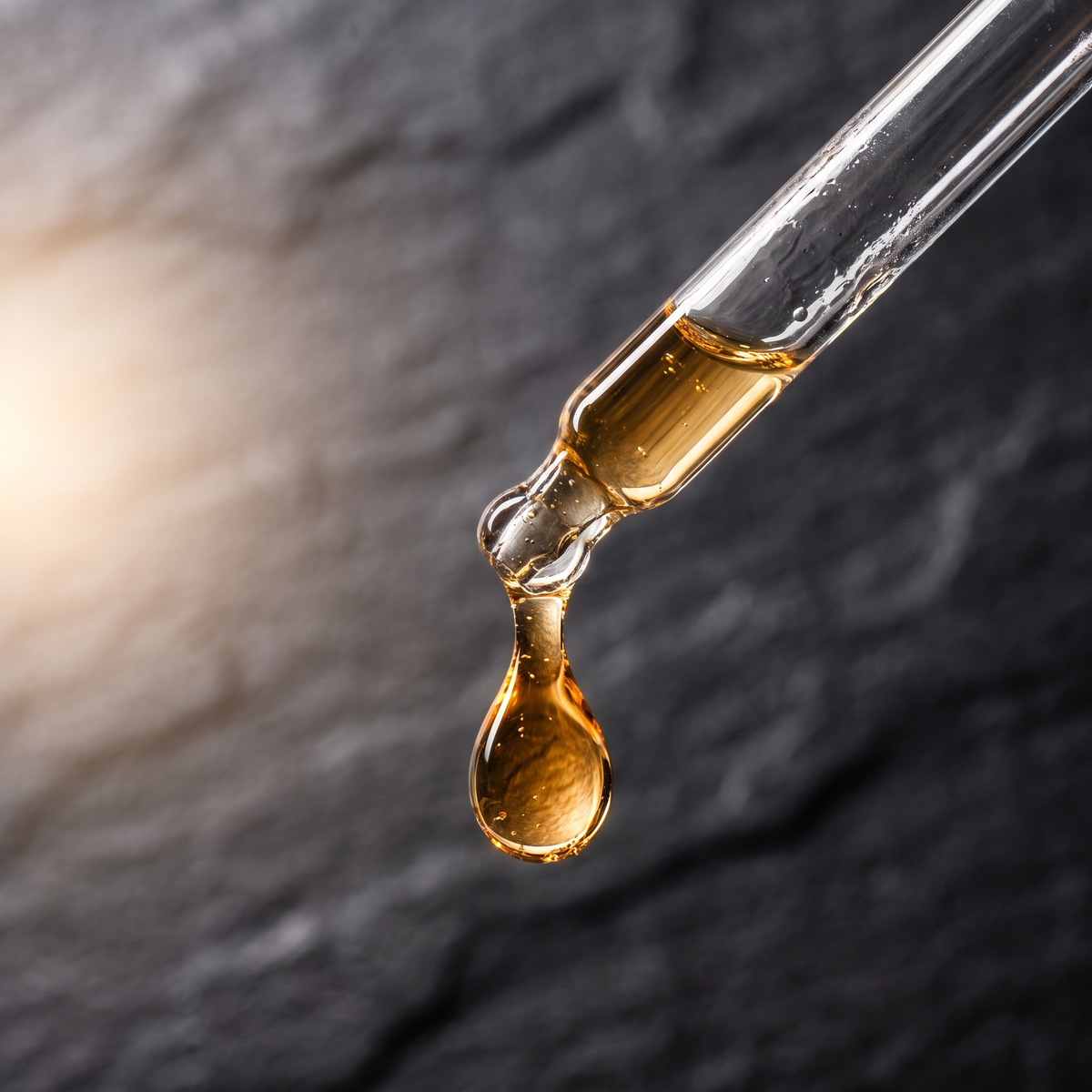 Macro of a single amber droplet of Selkie 30:1 Chondrus crispus extract at the tip of a glass pipette