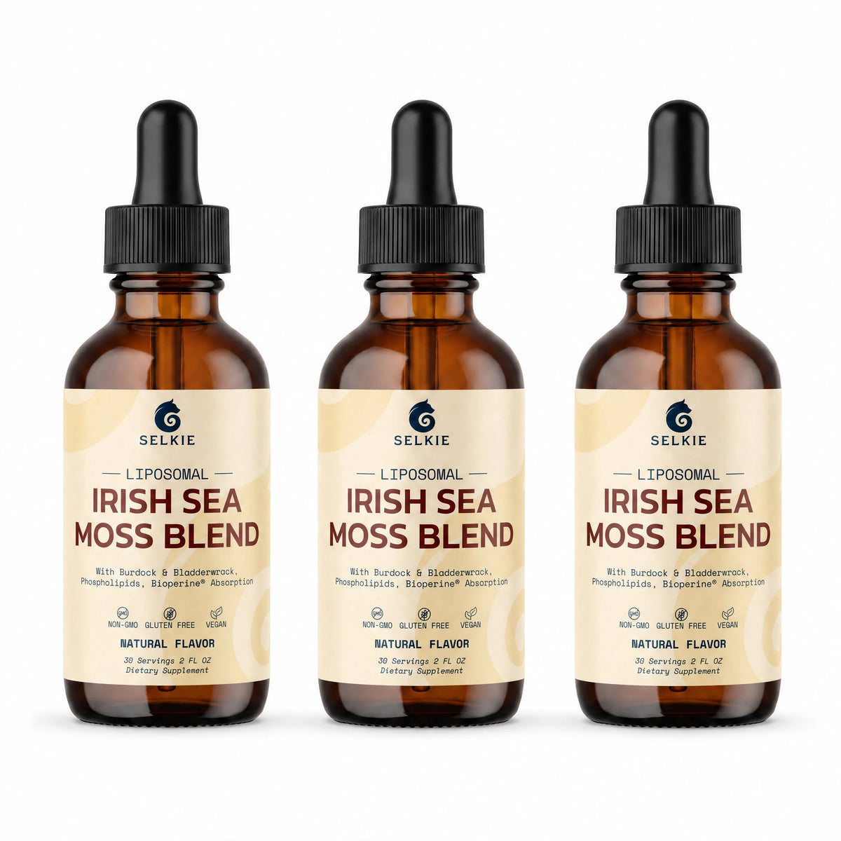 Three bottles of Selkie Liposomal Irish Sea Moss Blend, 90 servings