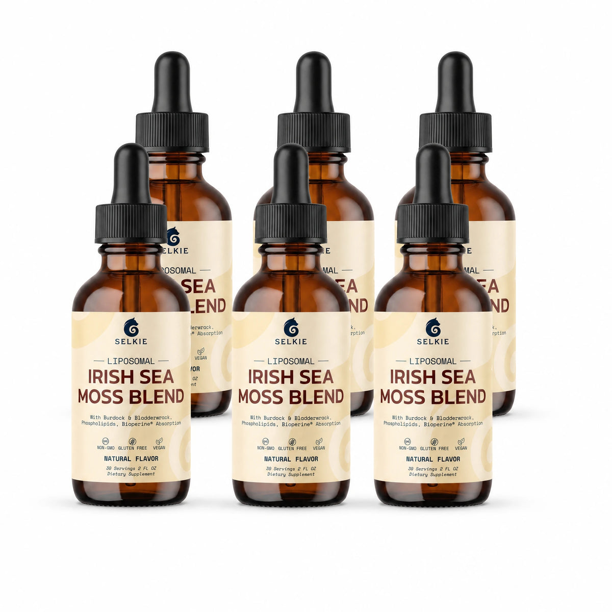 Six bottles of Selkie Liposomal Irish Sea Moss Blend, 180 servings