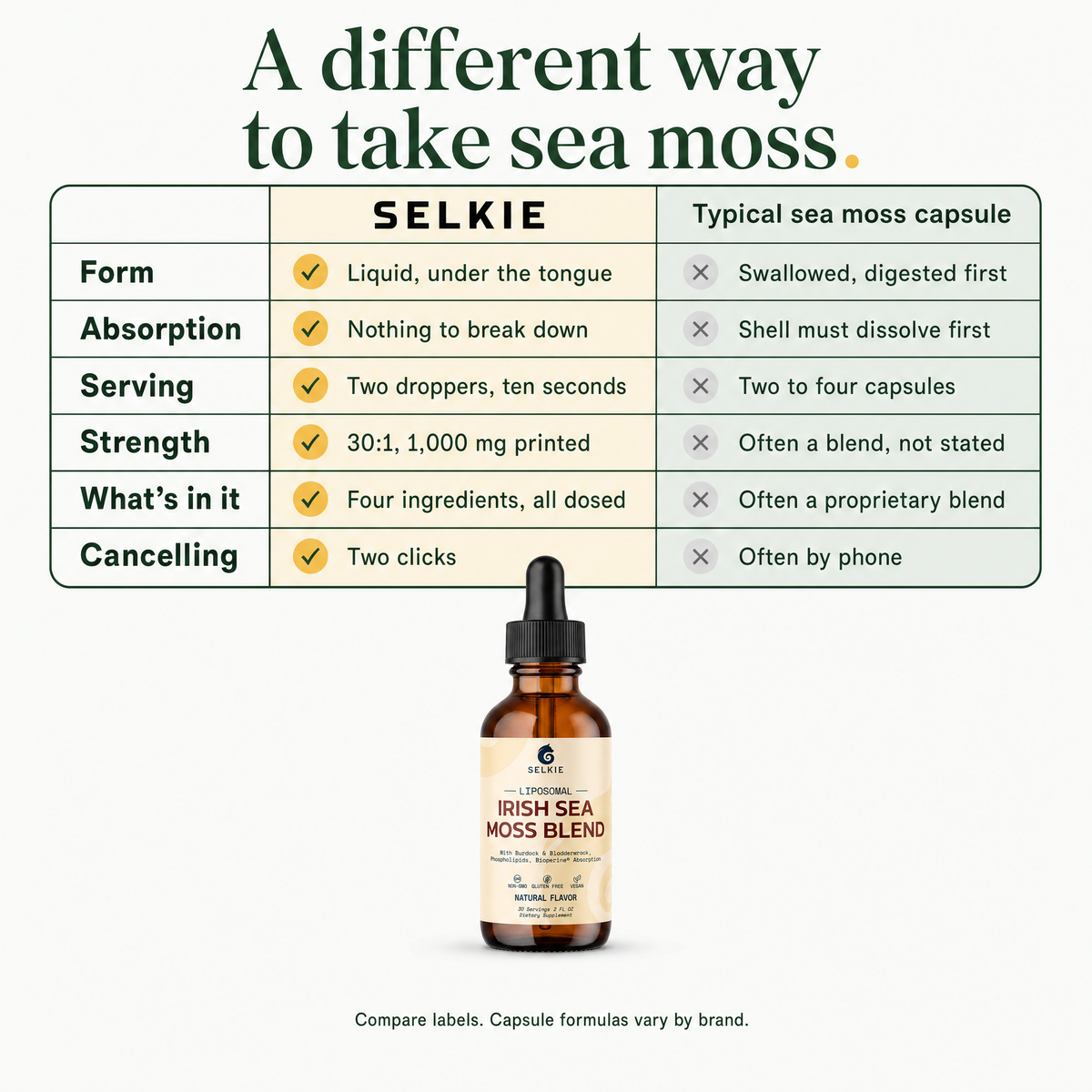 A different way to take sea moss: Selkie compared with a typical sea moss capsule