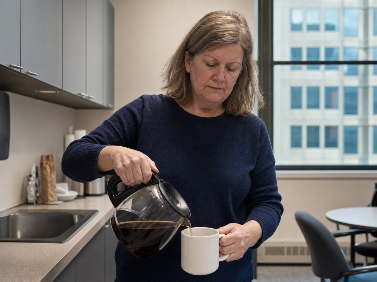 A woman in her fifties pouring coffee from a glass pot into a plain mug at an office kitchenette in the afternoon
