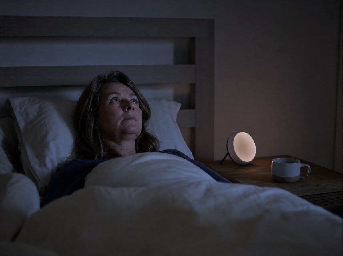 A woman in her fifties lying awake in bed at night, an empty mug on the bedside table