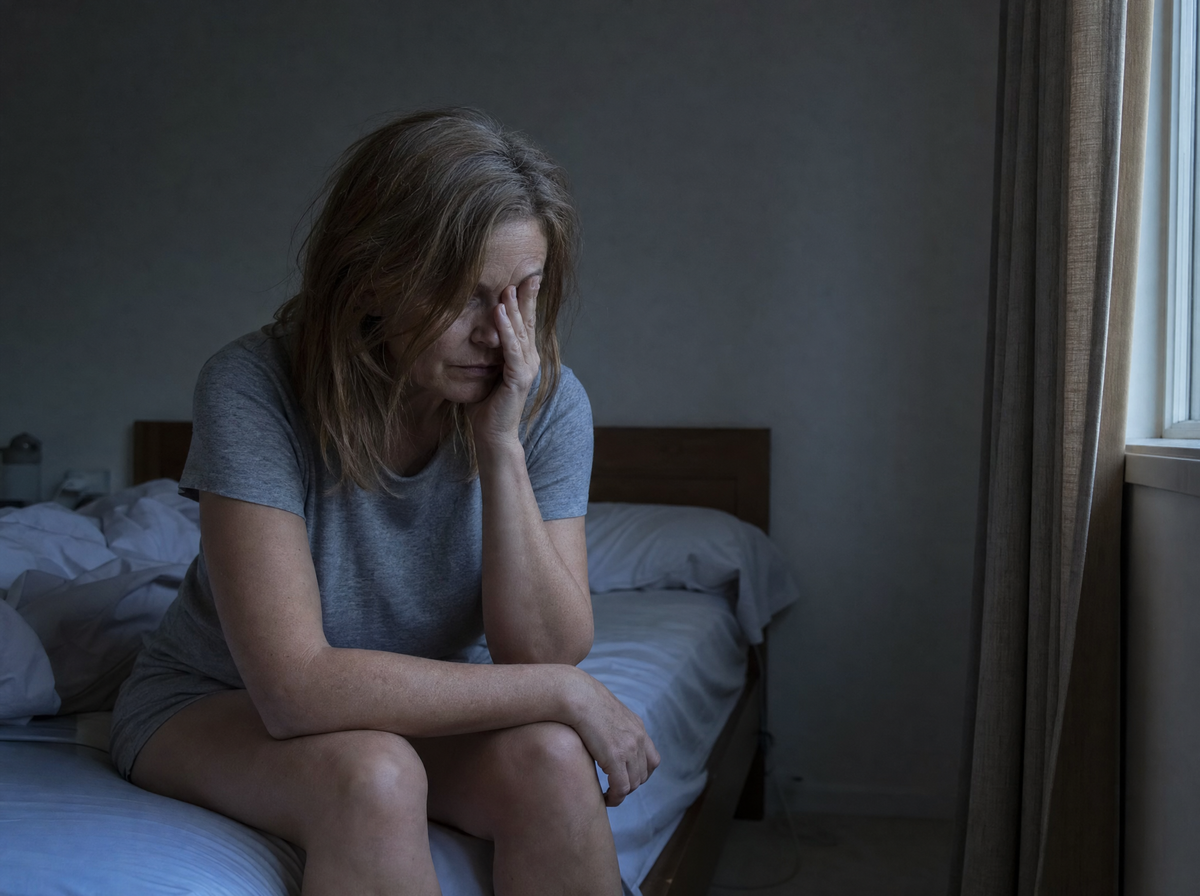 A woman in her fifties sitting on the edge of an unmade bed in the early morning, rubbing her face