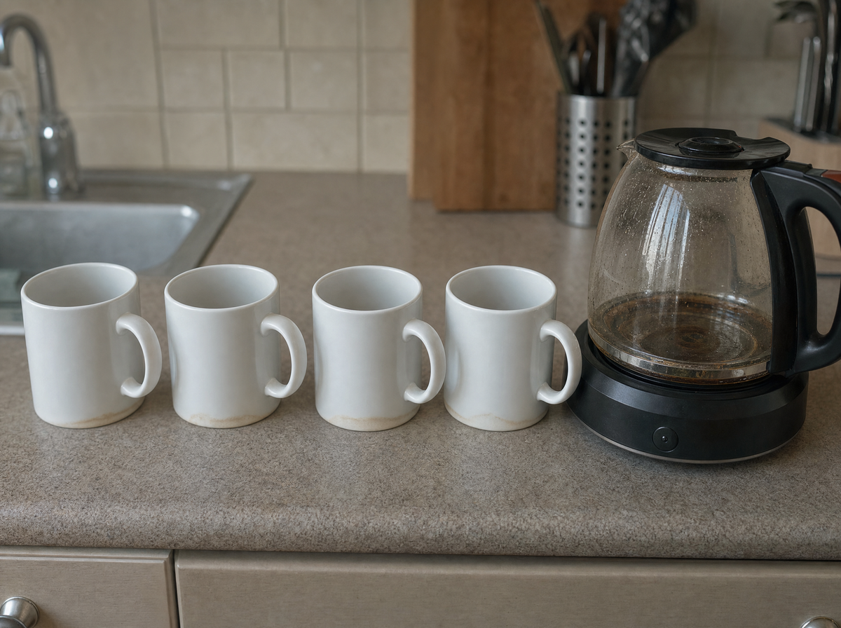 Four plain white mugs in a row on a kitchen counter, each with a ring of dried coffee, beside a near-empty coffee pot