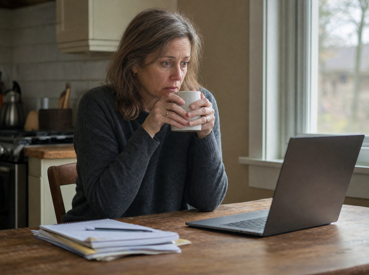 A woman in her fifties at a kitchen table with a laptop, hands wrapped tight around a mug, tense and tired