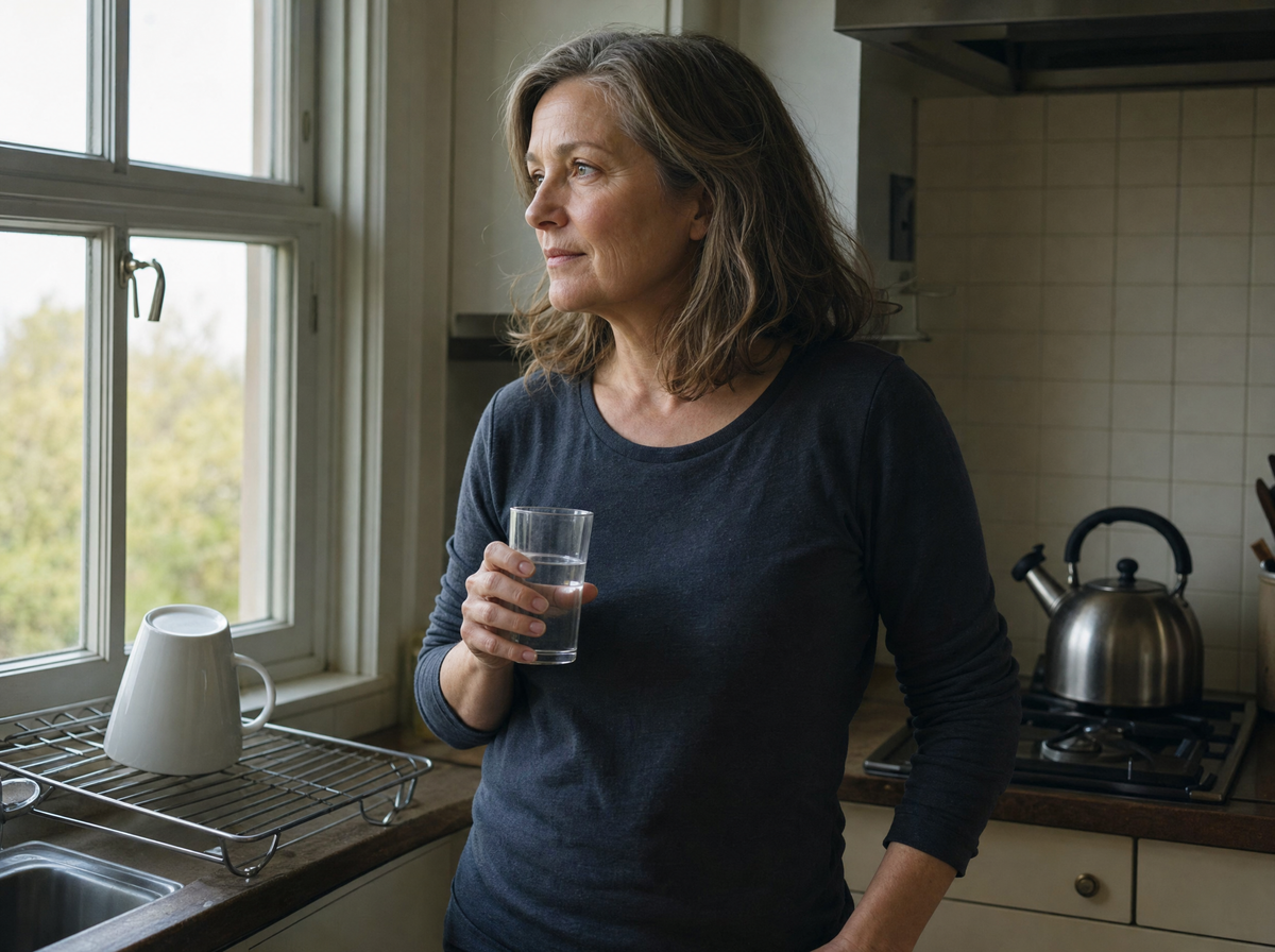 A woman in her fifties by a kitchen window in the morning with a glass of water, a kettle on the hob behind her