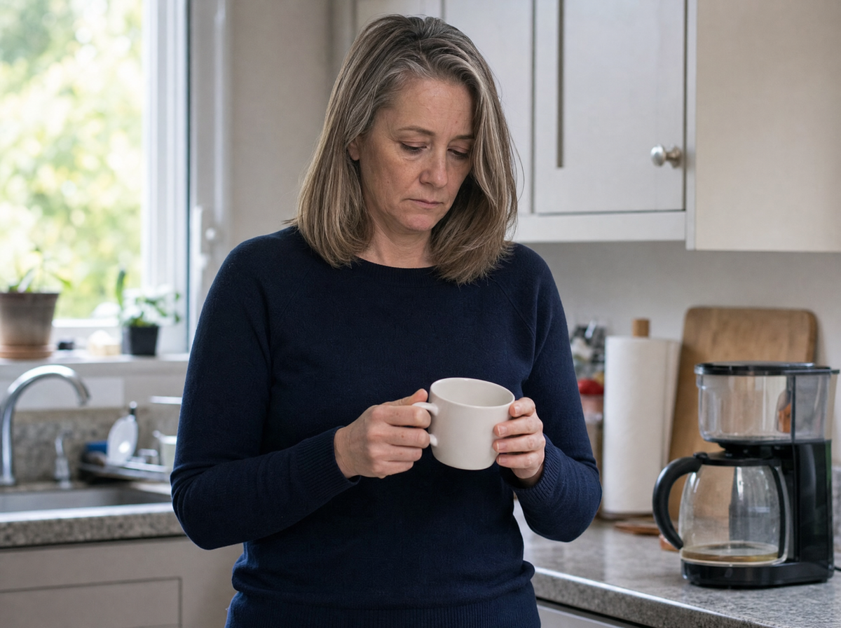 A woman in her fifties looking down into an empty mug in a kitchen, an almost empty coffee pot behind her