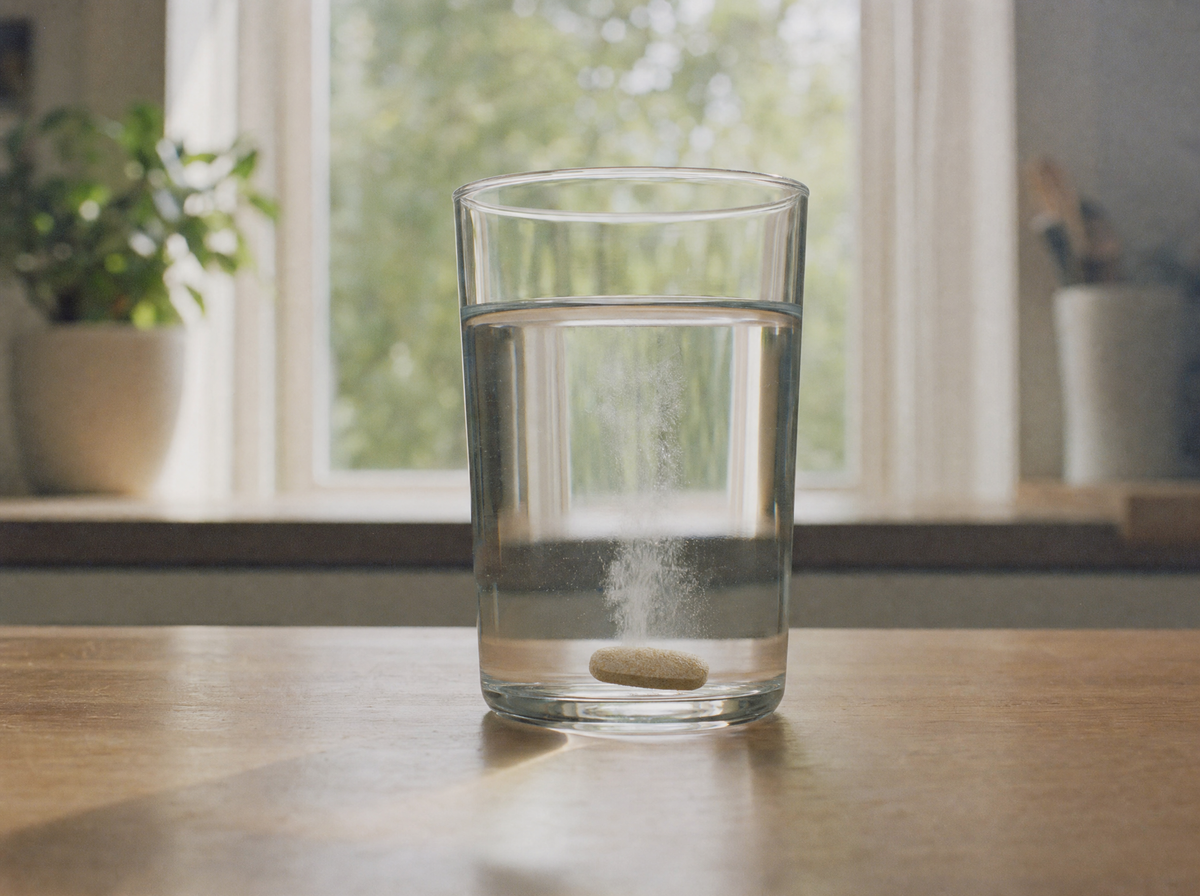 A whole multivitamin pill sitting at the bottom of a glass of water