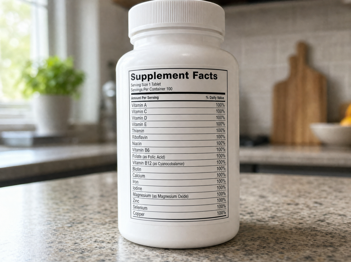 The back of a plain supplement bottle with a long list of vitamins, every line reading 100%