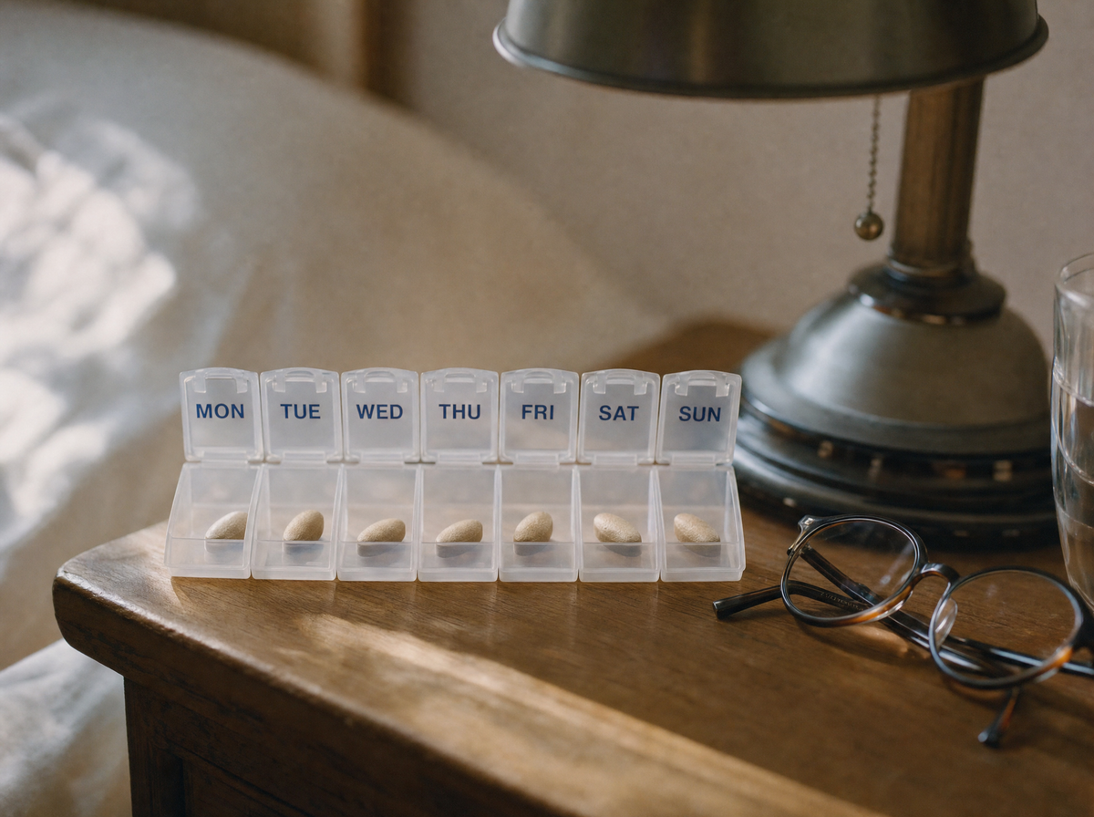 A weekly pill box on a bedside table, one pill in each day
