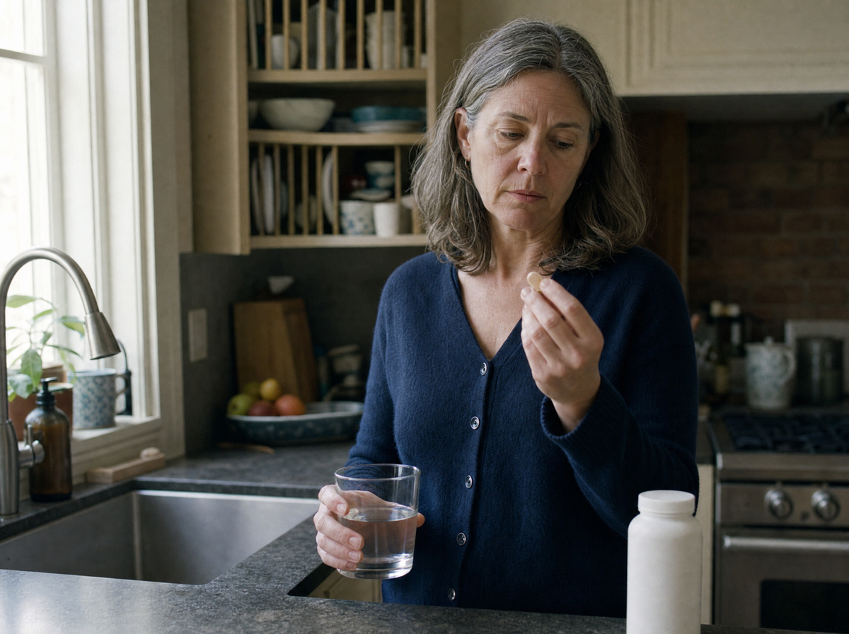 A woman at the kitchen sink with a glass of water in one hand and a multivitamin pill in the other