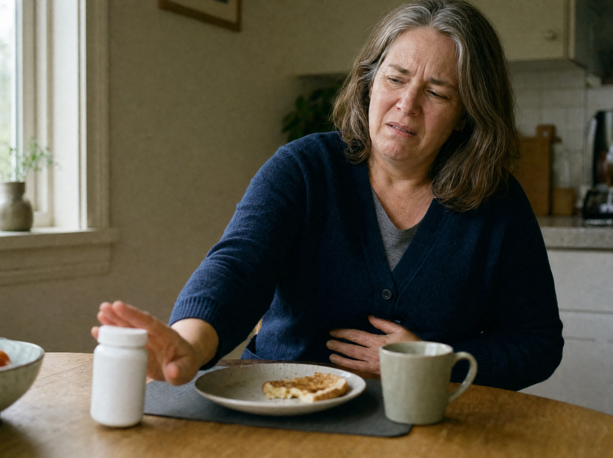 A woman at the breakfast table with one hand on her stomach, pushing a supplement bottle away