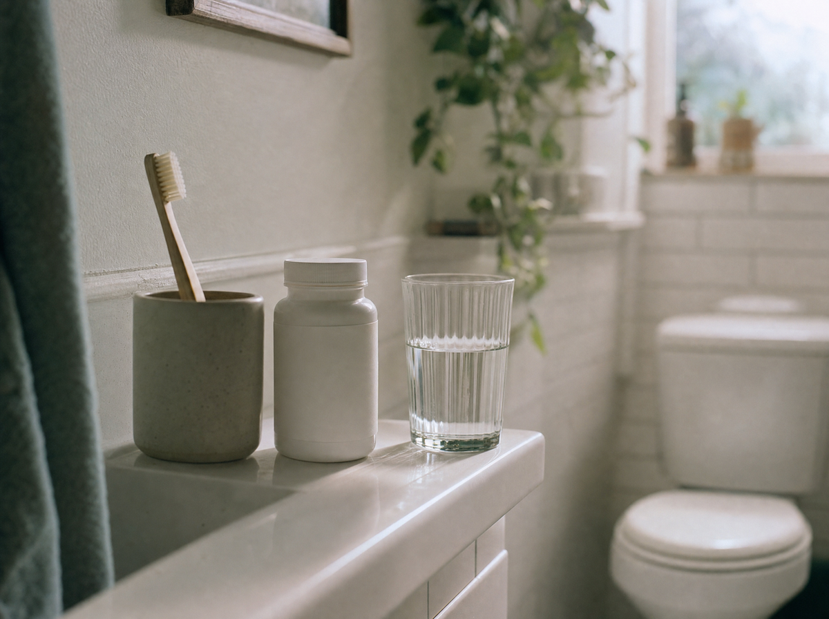 A bathroom sink ledge with a plain supplement bottle, a toothbrush in a cup and a glass of water