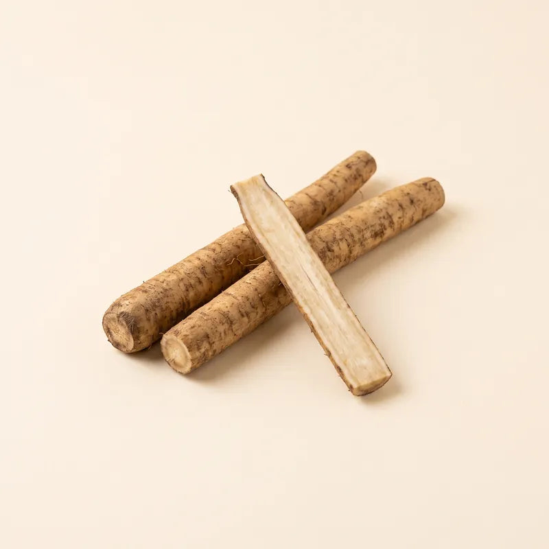 Burdock root, two whole roots and one split