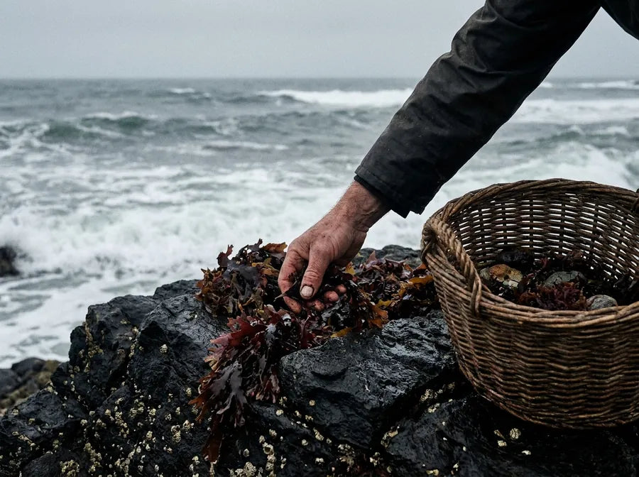 A hand picking sea moss off the rocks at low tide