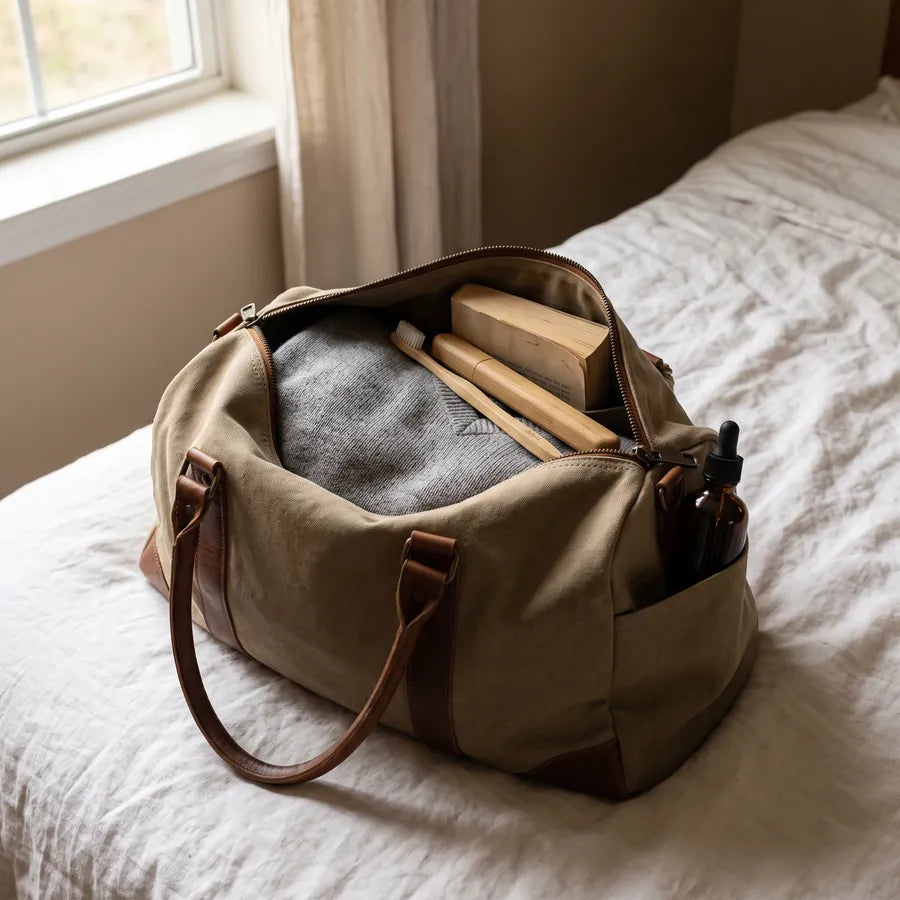 A weekend bag packed on a bed